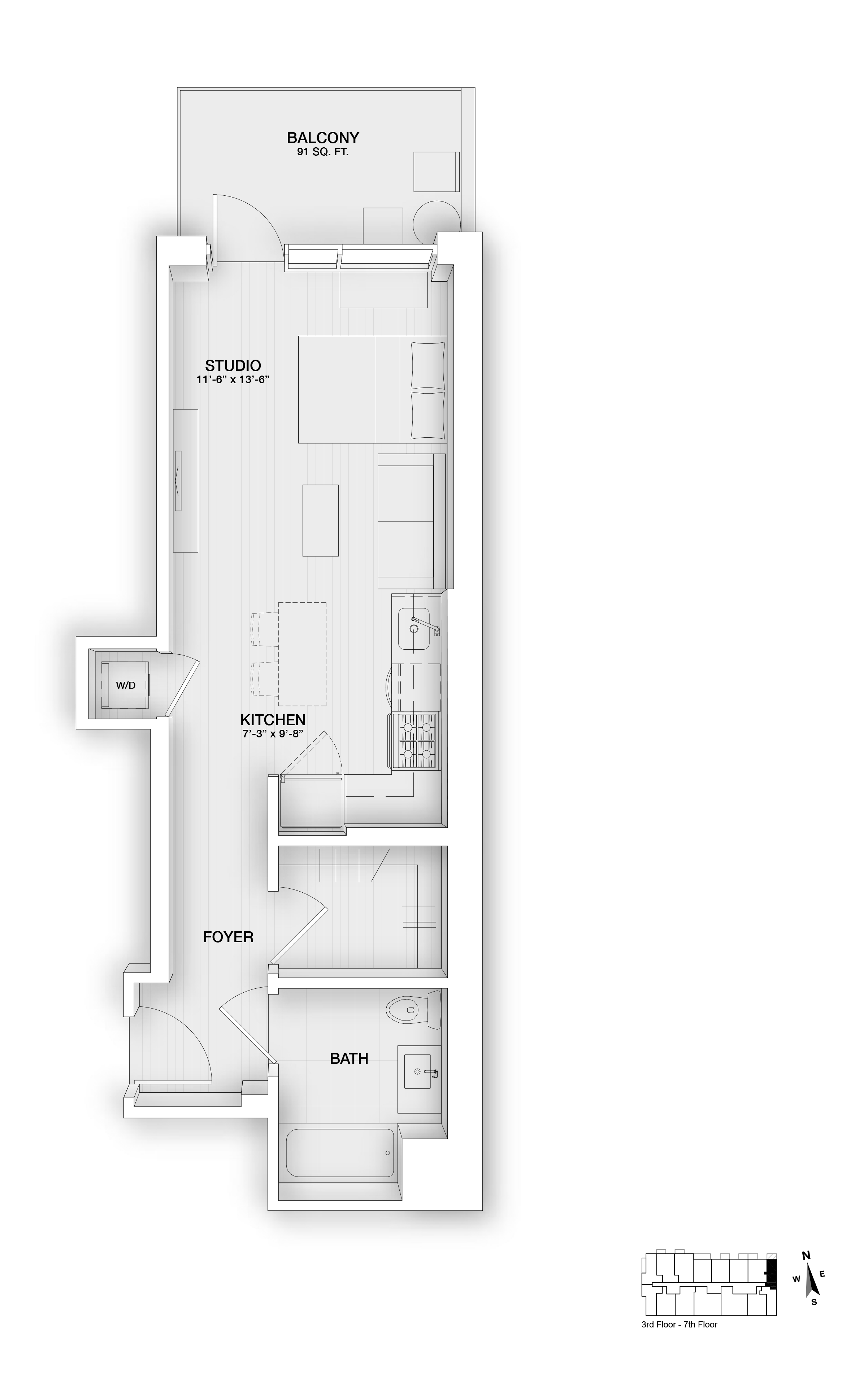 Floor plan for studio, 1 bath, 513 sqft